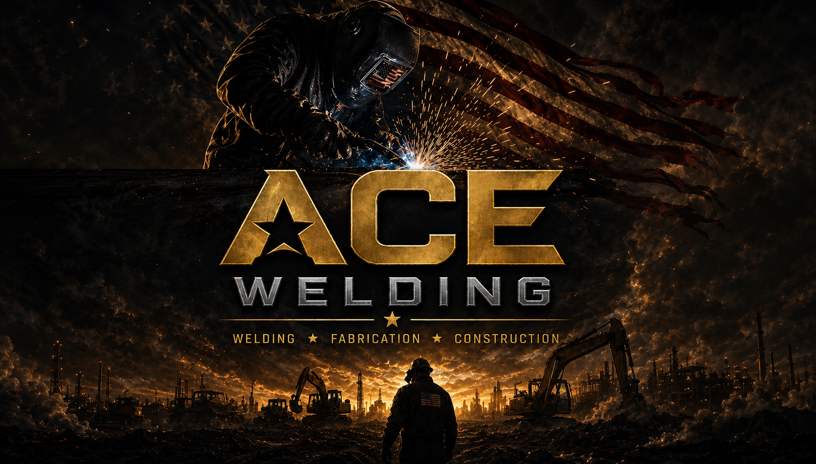 Dynamic promotional image for 'ACE Welding' featuring a welder working amid sparks with a backdrop of an industrial landscape silhouette and dark stormy sky with American flag elements, emphasizing welding, fabrication, and construction services.