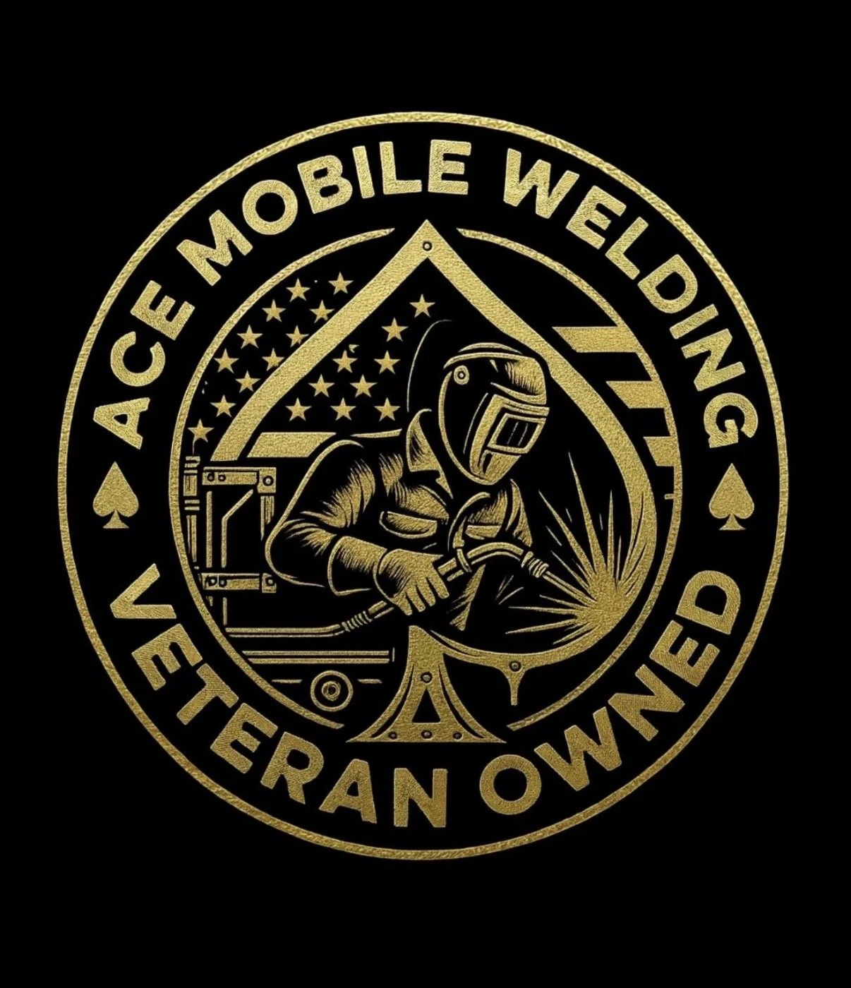 Gold emblem with a welder in protective gear welding metal, surrounded by text 'ACE MOBILE WELDING VETERAN OWNED' and American flag elements on a black background.