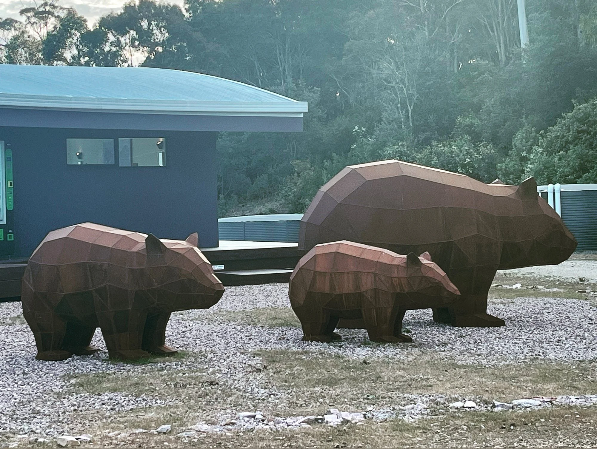 Wombat Family Sculptures low poly corten steel