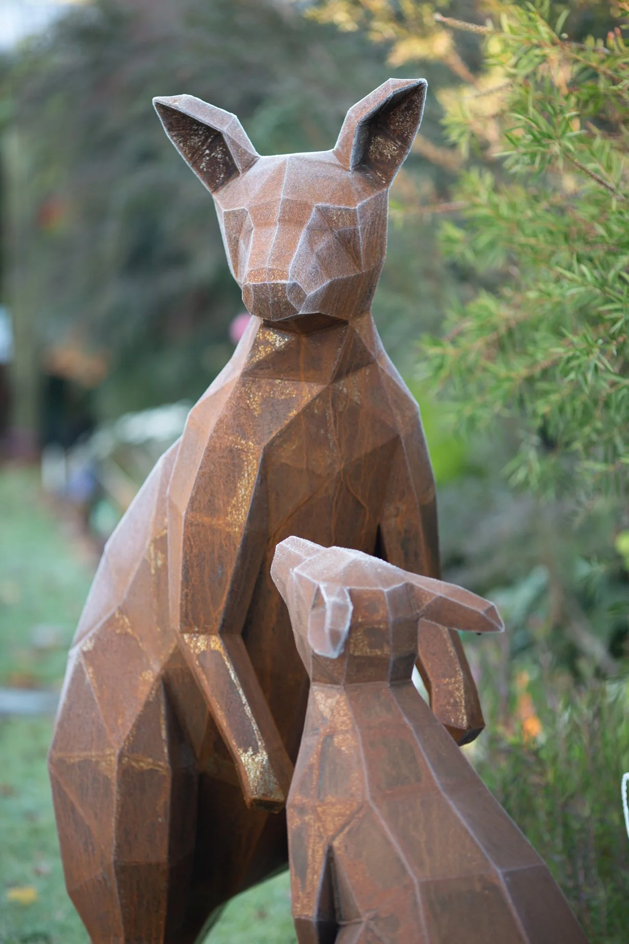 mum and baby kangaroo on frosty morning corten steel