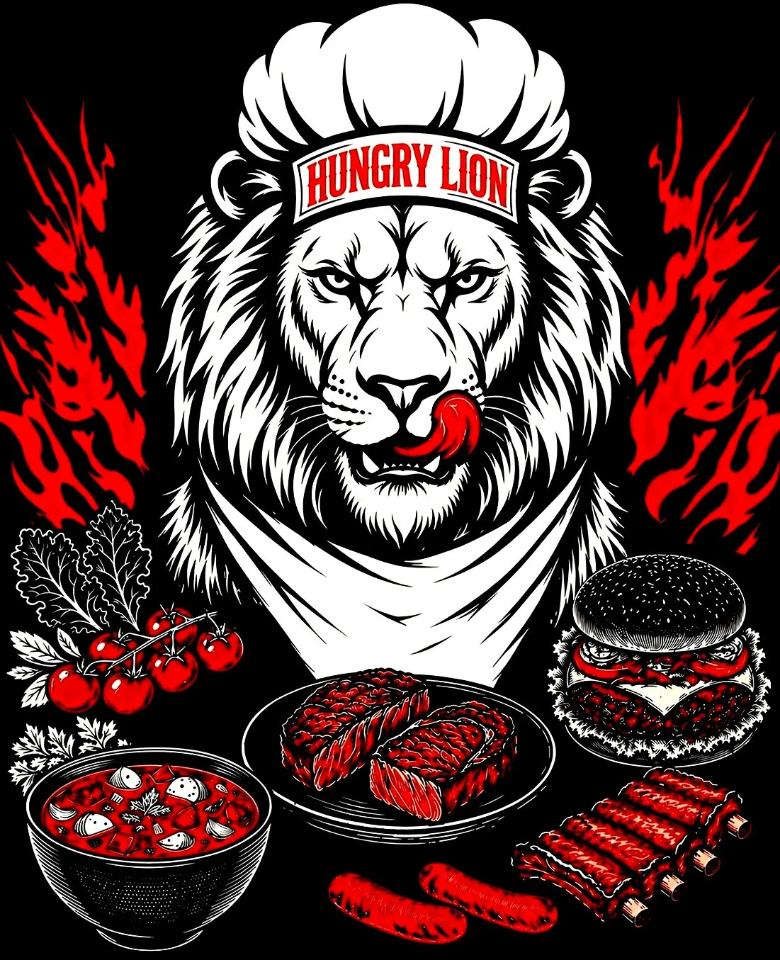 A graphic illustration of a lion with a white mane and a red tongue, wearing a band that says 'Hungry Lion' on its forehead. Surrounding the lion are illustrations of a bowl of stew, a plate of sliced meat, a burger, a bunch of tomatoes, sausages, and fire graphics in red and white on a black background.