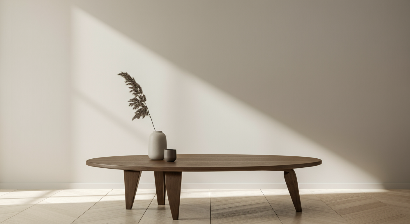 Wooden table with a vase and a small container, set against a plain wall with sunlight creating a shadow.
