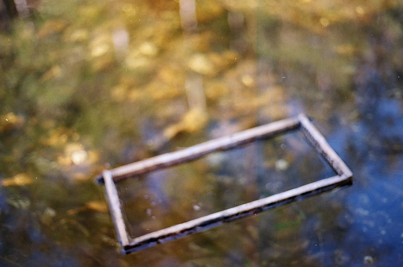 A square metal frame floating on water with a sloped surface, possibly part of a grid or trap, in a body of water with a rocky and leafy bottom.