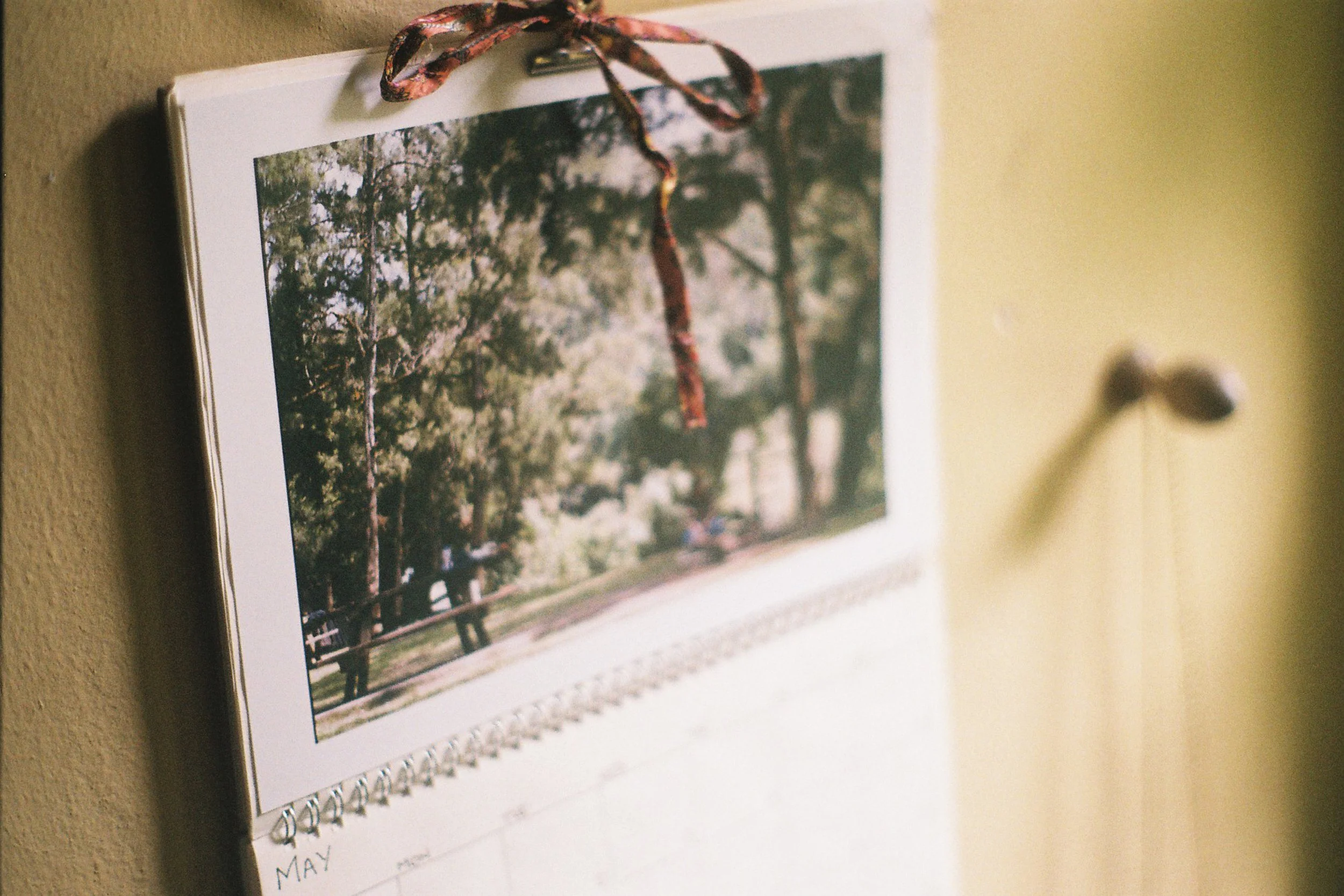 A wall calendar hangs on the wall, showing a photo of a park with trees and a bench. The calendar displays the month of May and is attached to the wall with a patterned ribbon.