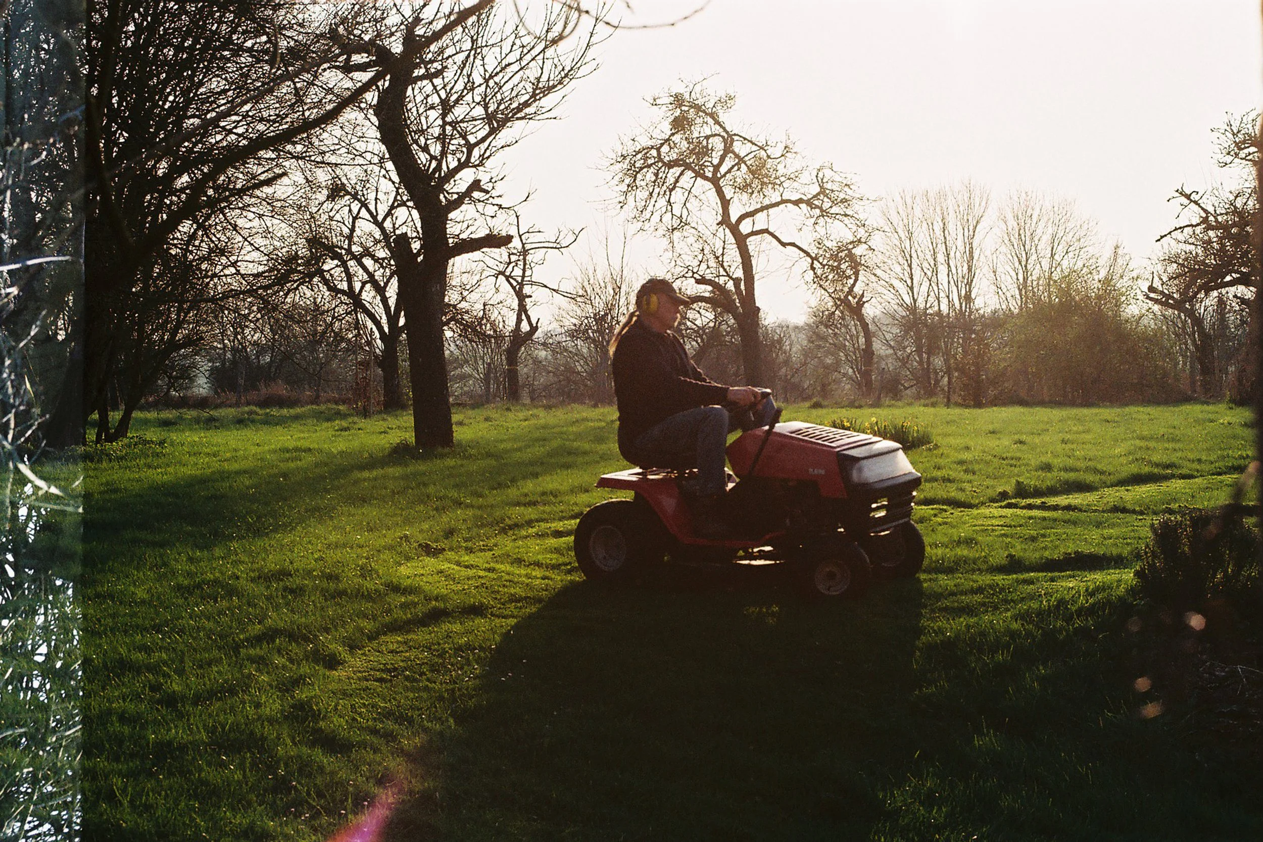 A woman wearing a baseball cap and dark jacket riding a red riding lawn mower on a grassy lawn with leafless trees in the background during sunset.