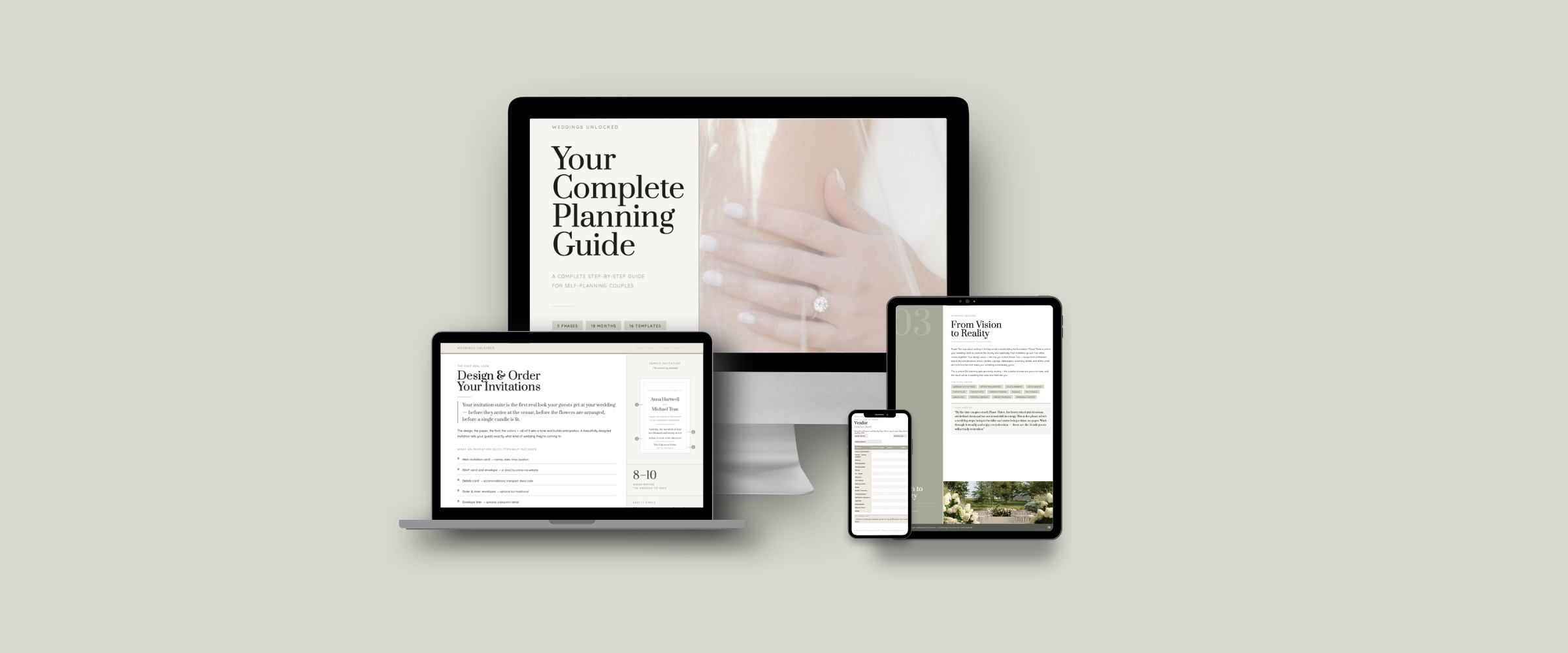 Weddings Unlocked guide and templates displayed on a monitor, laptop, iPad, and iPhone