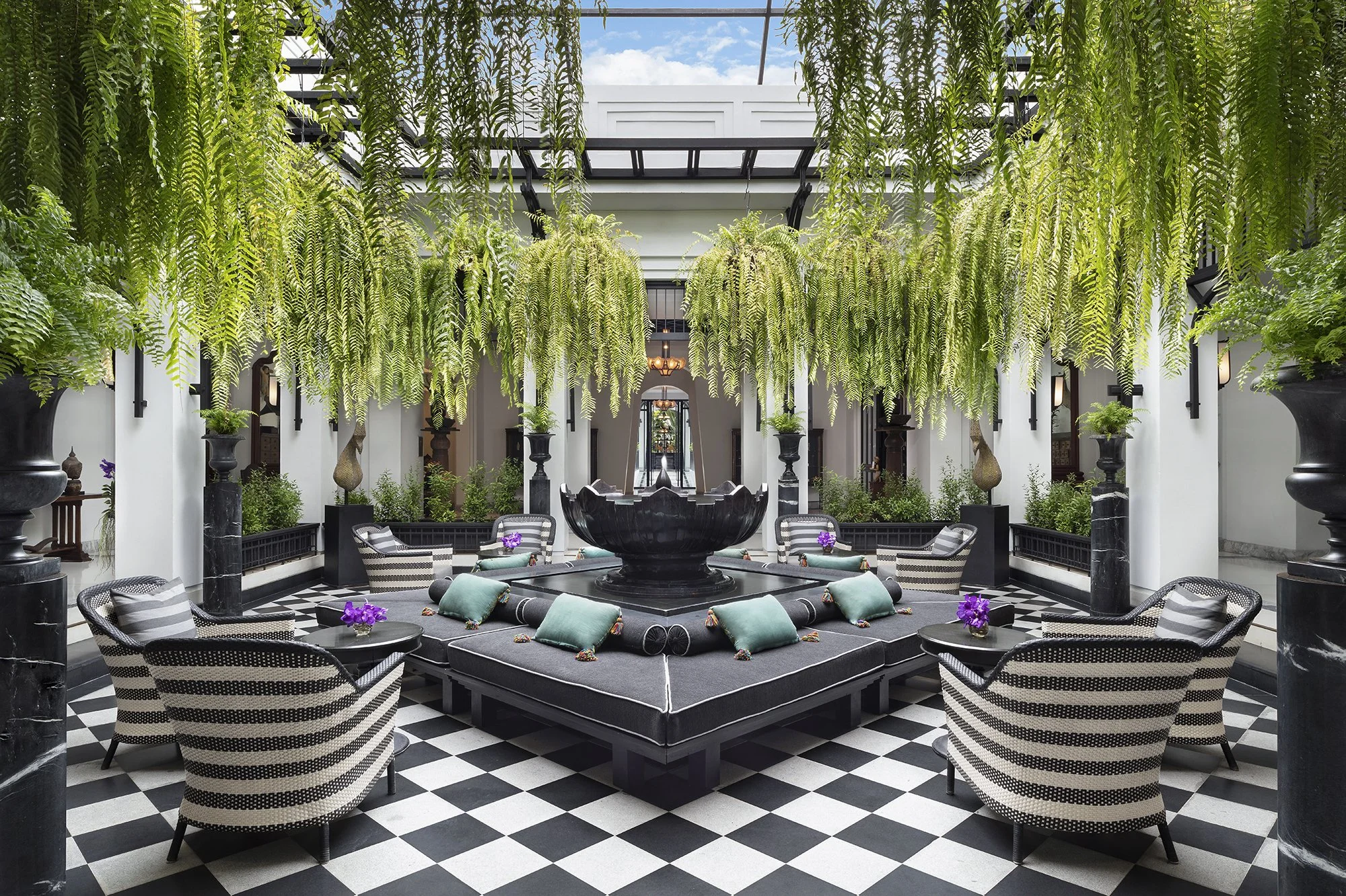 Art Deco courtyard with hanging ferns — The Siam Hotel Bangkok — Architectural Photography by Ellsworth/Lim