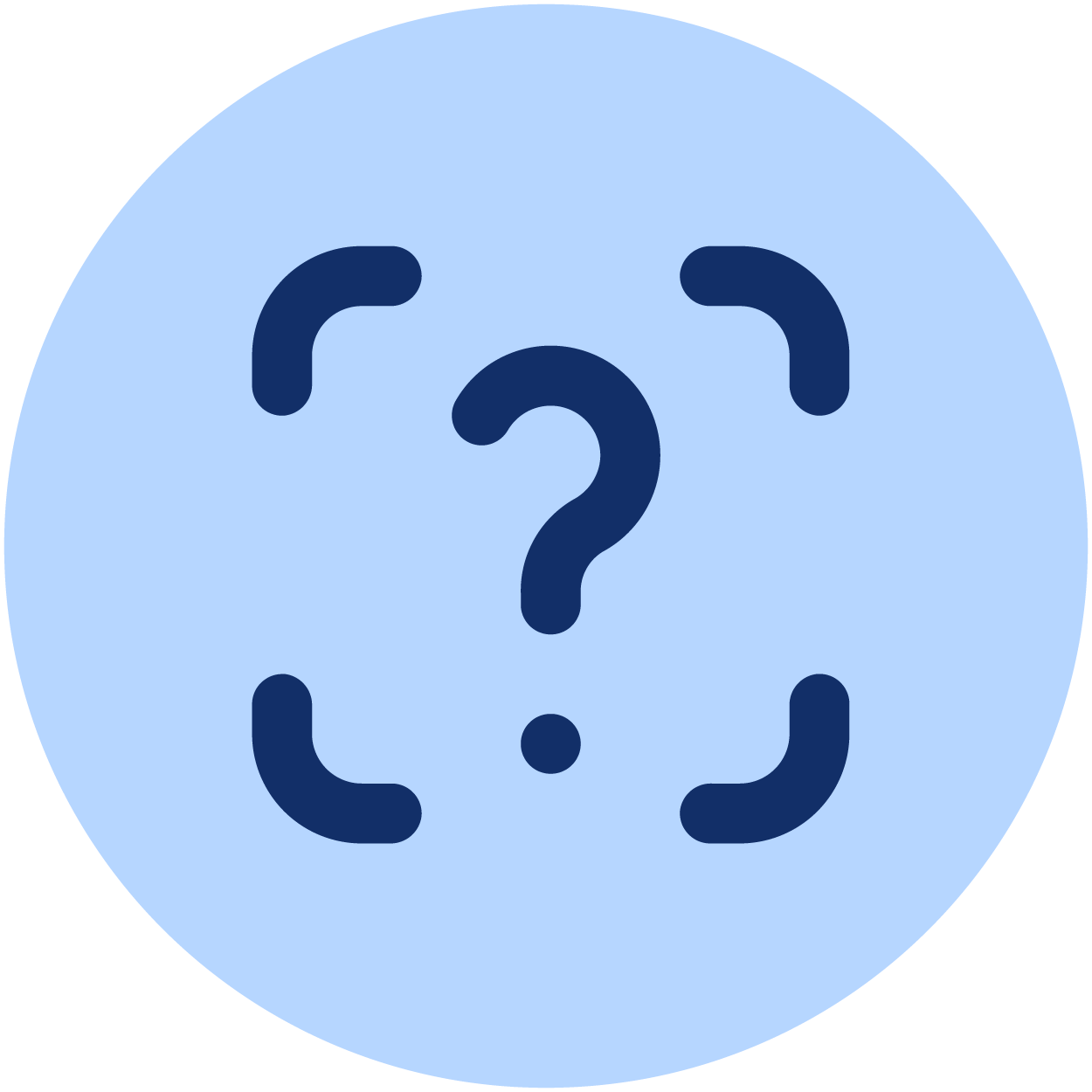 Ein blauer runder Hintergrund mit einem großen schwarzen Fragezeichen in der Mitte, umgeben von einem gestrichelten Kreis.