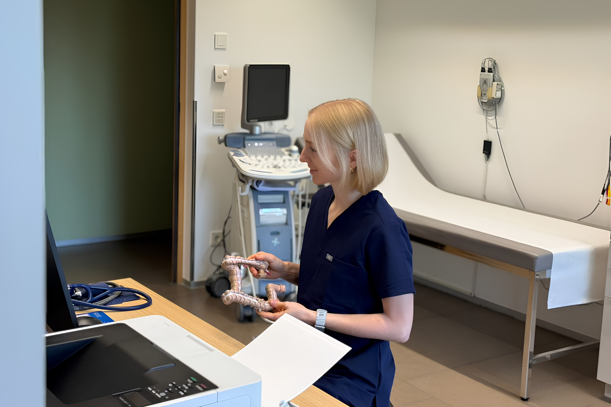 Dr. Julia Längle, Ärztin für evidenzbasierte Allgemeinmedizin, sitzt lächelnd mit Stethoskop an ihrem Schreibtisch in der Wahlarztpraxis in Koblach.