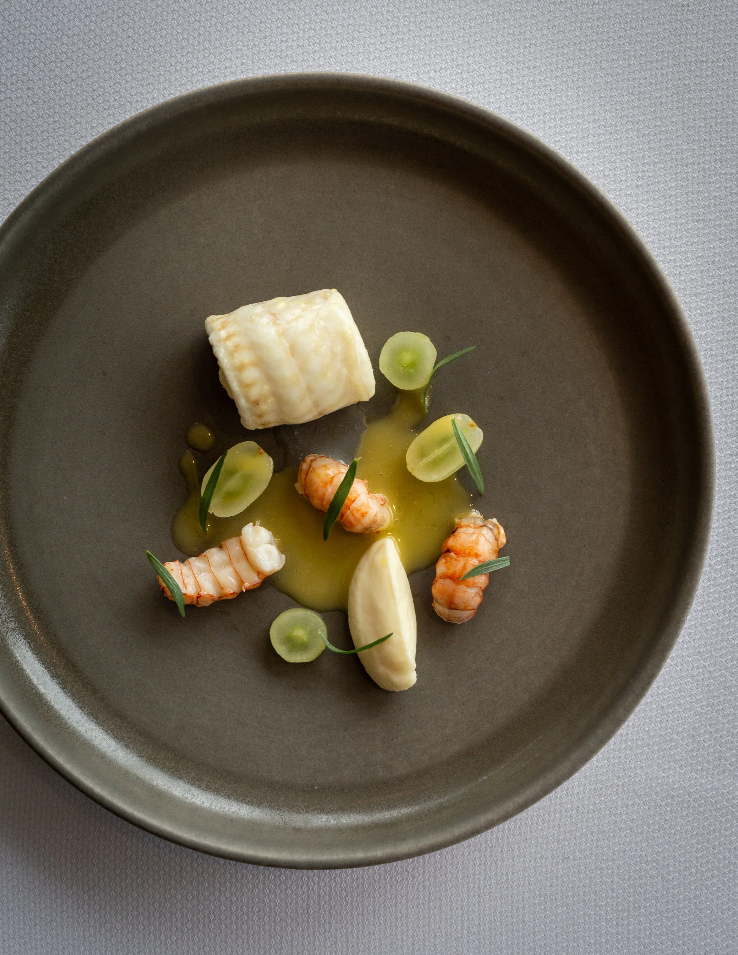 A gray plate with a piece of white fish, garnished with sliced green vegetables, small shrimp, and herbs, drizzled with a yellow sauce, on a white surface.