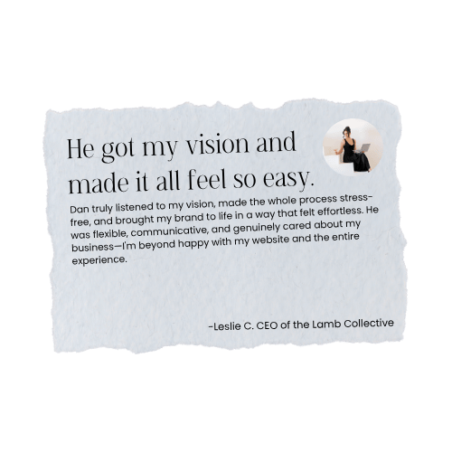A handwritten note with a small photo of a woman sitting on a chair, thanking someone for helping her achieve her vision and ease in her business.