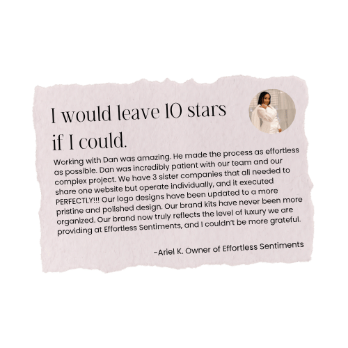 Quote card that reads, 'I would leave 10 stars if I could,' with a small circular photo of a woman in white. The card has a torn paper design and a detailed message praising a person named Dan and a company named Effortless Sentiments.