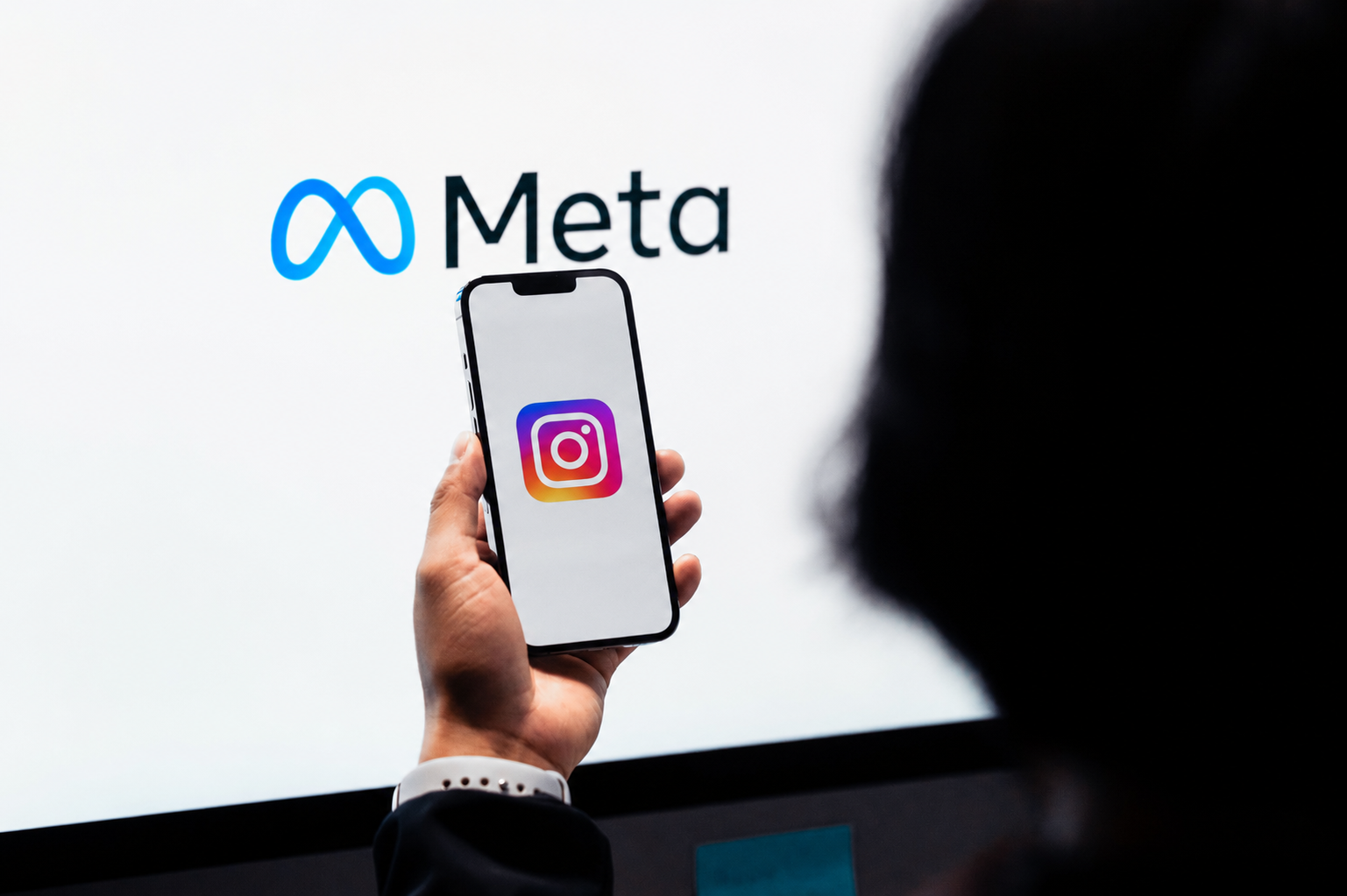 Person holding a smartphone displaying the Instagram logo, with a Meta logo in the background.