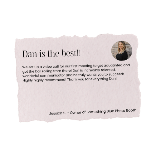 Testimonial card with a photo of Jessica S., owner of Something Blue Photo Booth, praising Dan for his excellent communication and success in setting up a video call for an aquatics-related meeting.
