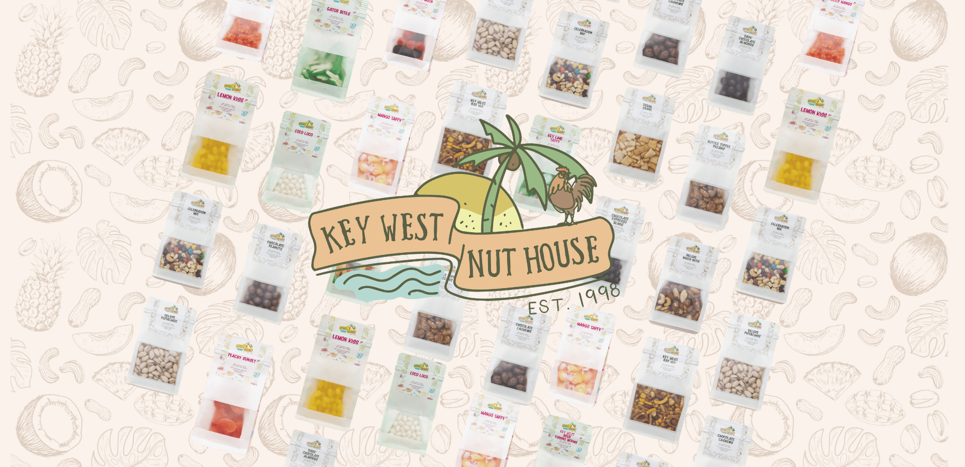Colorful packaging of various trail mixes and nuts arranged around a central logo with a palm tree, rooster, and water scene. The logo reads 'Key West Nut House, Est. 1998'.