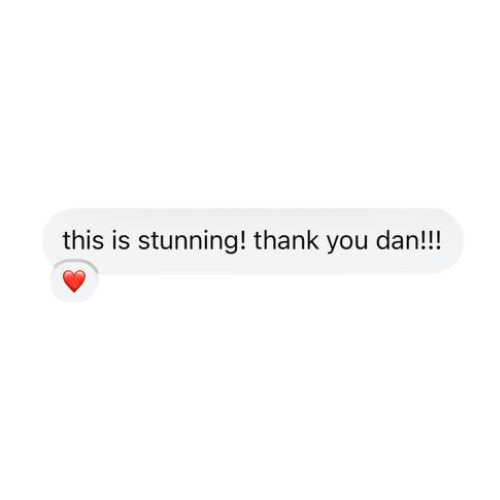 A screenshot of a message conversation with a gray speech bubble saying 'this is stunning! thank you dan!!!' and a red heart emoji below it.