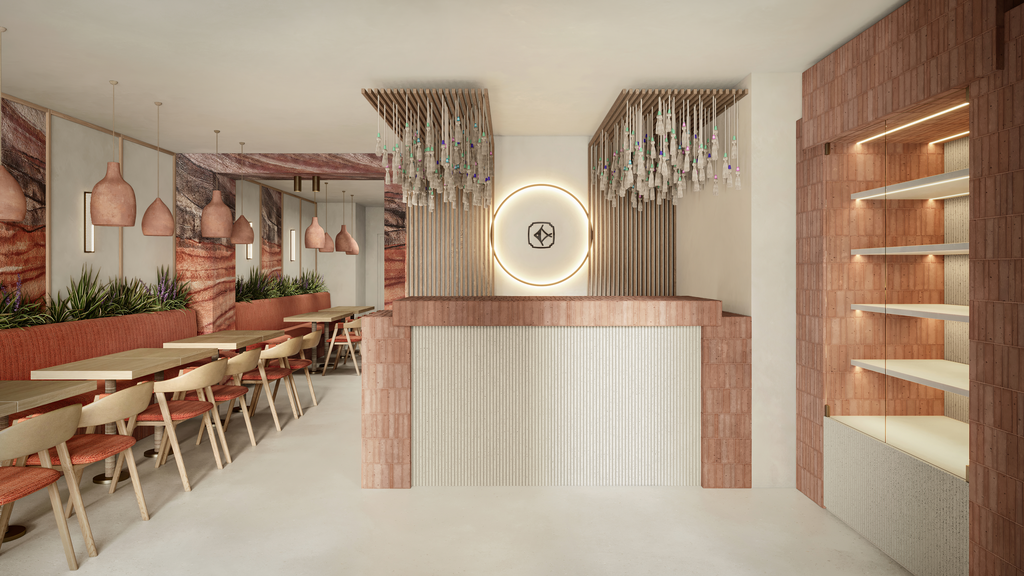 Intérieur d'un restaurant moderne avec zone de réception, tables et chaises en bois, décoration en pierre et en brique, et luminaires suspendus.