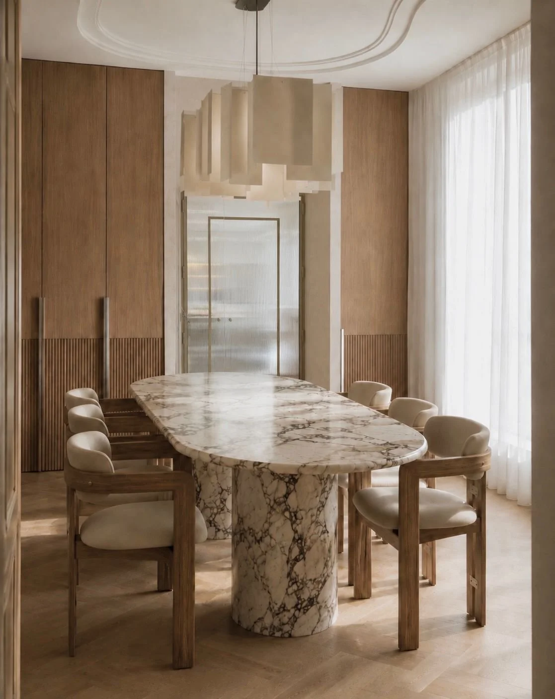 Salle à manger avec une table en marbre blanc à veines noires, entourée de huit chaises en bois avec des assises en tissu beige, grande baie vitrée avec rideaux blancs, décor en bois et un lustre suspendu au plafond.