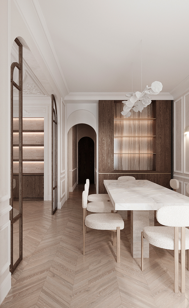 Salle à manger moderne avec table en marbre blanc, chaises en tissu beige, murs en bois clair et bois foncé, éclairage suspendu en forme de nuages lumineux.