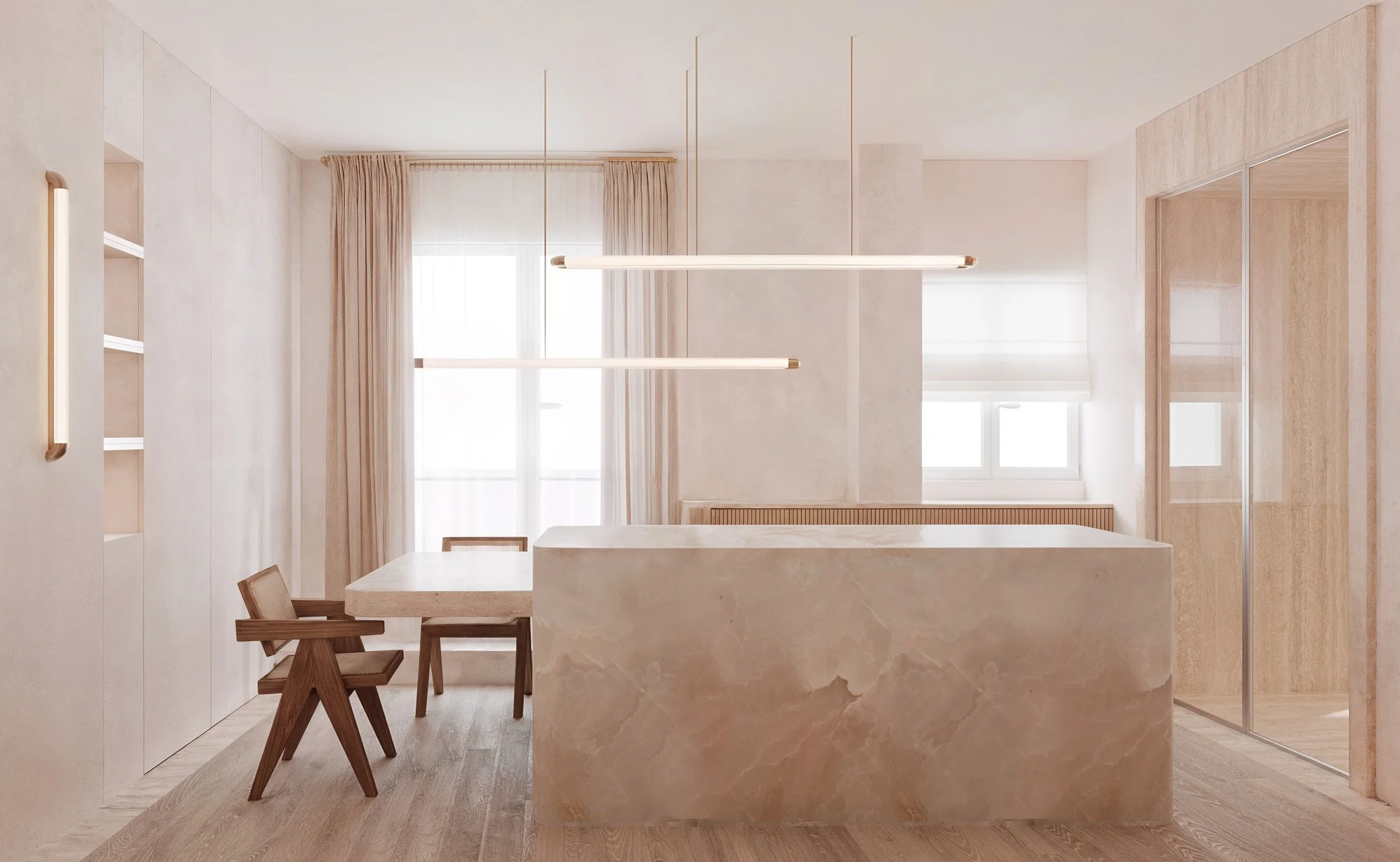 Une cuisine moderne avec un îlot central en marbre beige, des chaises en bois, et de grandes fenêtres laissant entrer beaucoup de lumière naturelle, dans un style minimaliste et épuré.