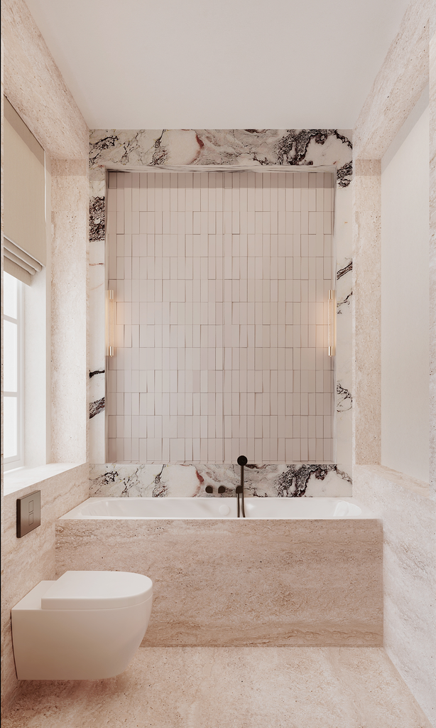 Salle de bain moderne avec baignoire encastrée en marbre, mur en carreaux blancs, toilette suspendue, et fenêtre laissant entrer la lumière naturelle.