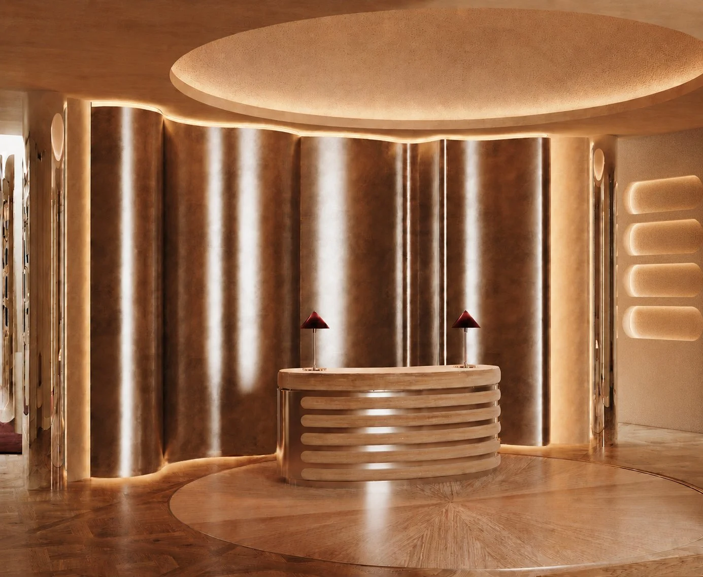 Intérieur élégant avec un comptoir en bois rond, lampes rouges sur le comptoir, murs en métal brillant et éclairage chaud