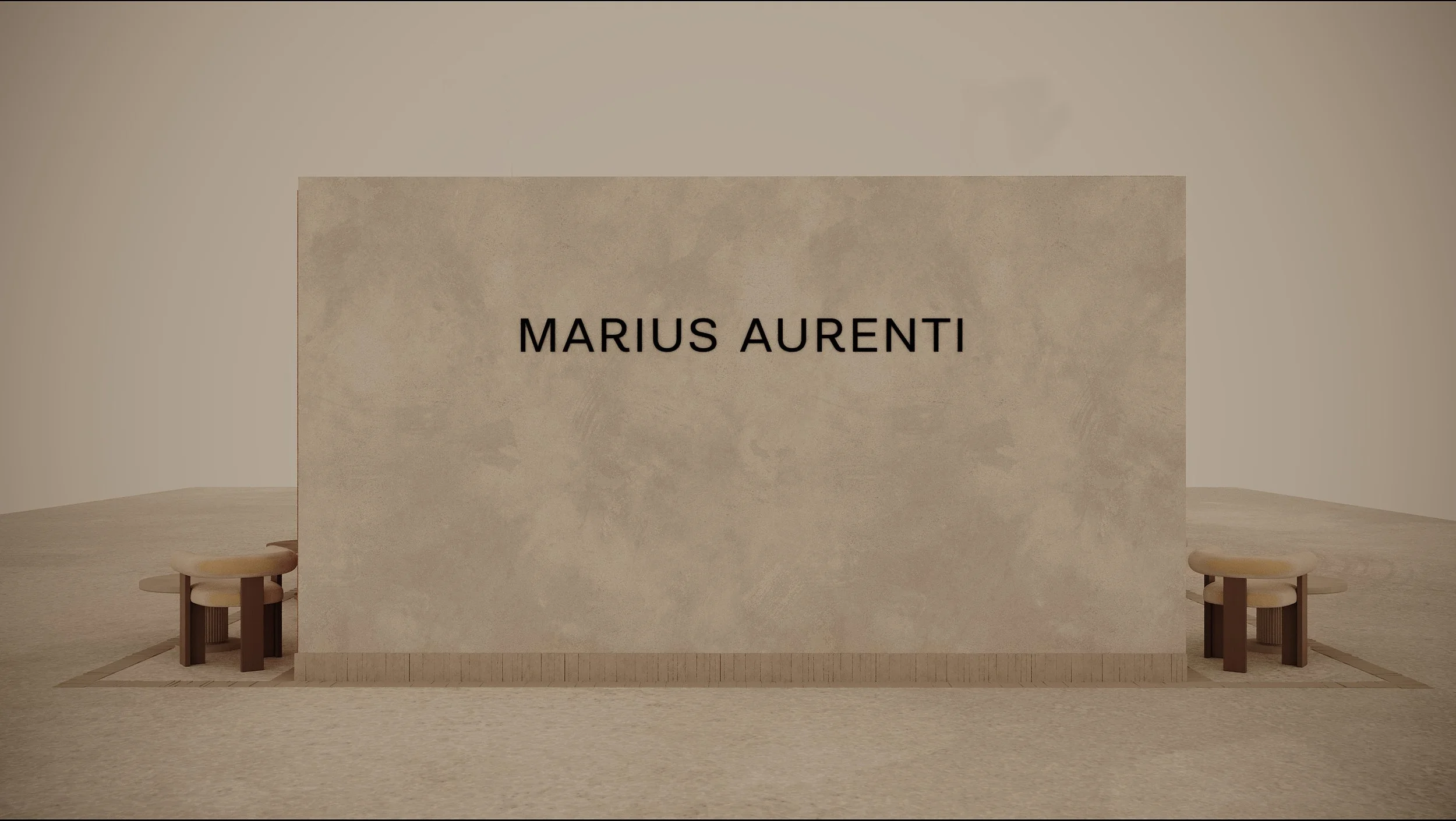 Une scène intérieure avec un grand panneau portant le nom 'MARIUS AURENTI' au centre, entouré de petits tabs colorés et de bancs en bois, dans un style minimaliste.