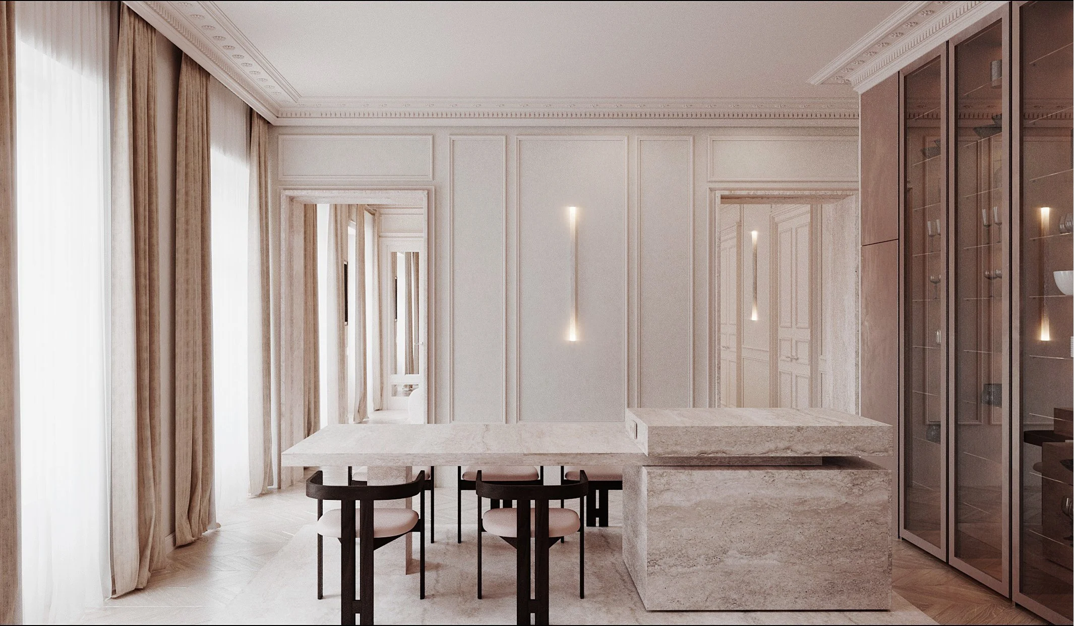 Une salle à manger moderne avec un mur blanc, des fenêtres avec des rideaux beige, un îlot en marbre, une table et des chaises noires, et un meuble en verre avec de la vaisselle, éclairée par des appliques murales.