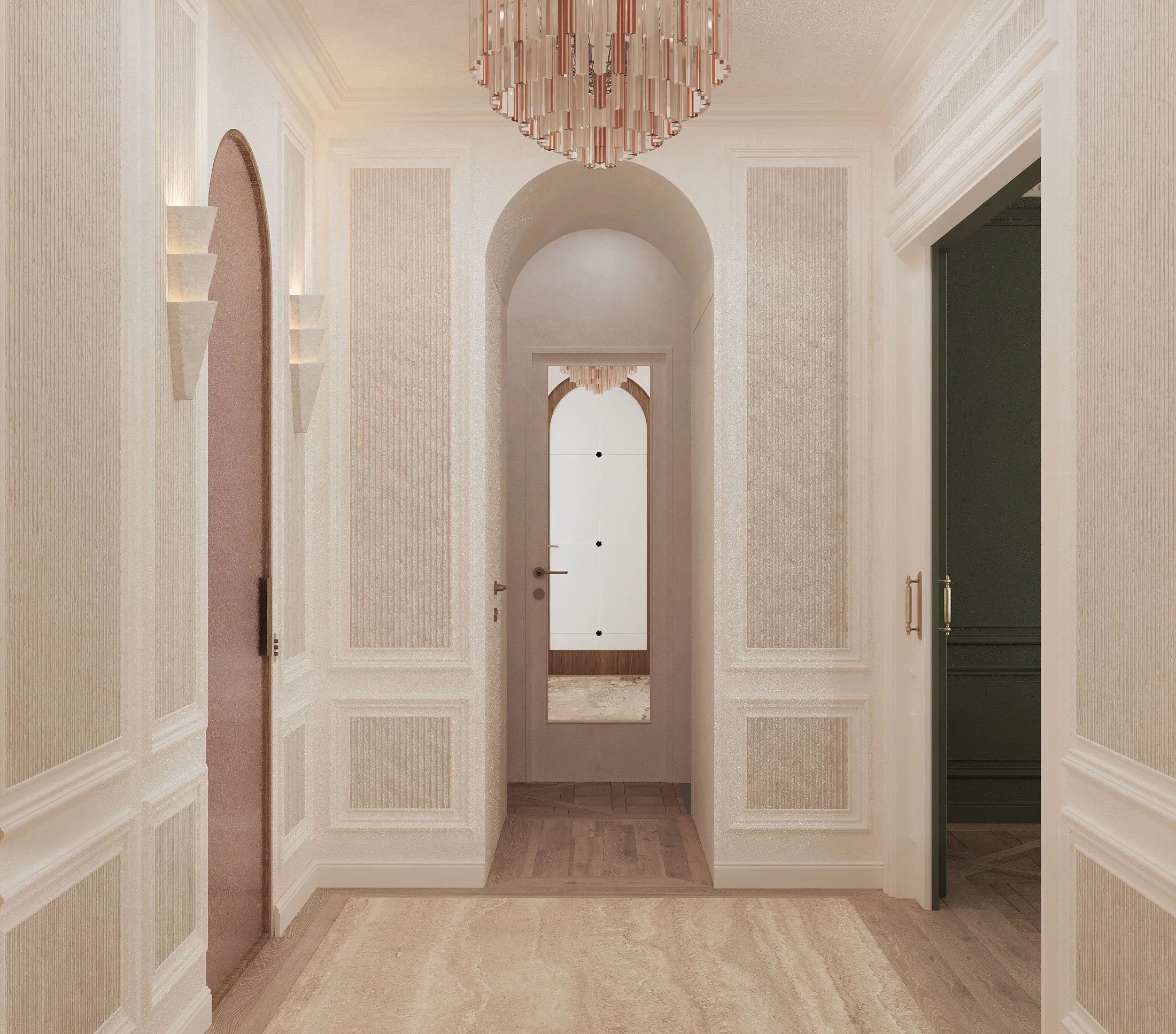 Un couloir intérieur élégant avec un plafond orné d'un lustre peint en rose et une porte en arched au fond.