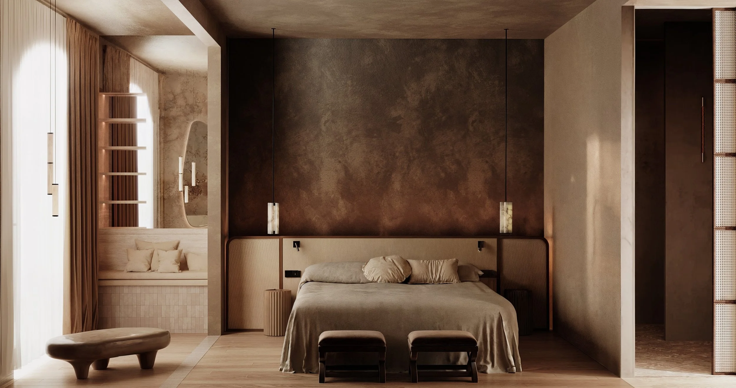 Chambre moderne avec lit, accents en bois, mur couleur terre, lampes suspendues, espace de détente, décoration minimaliste.