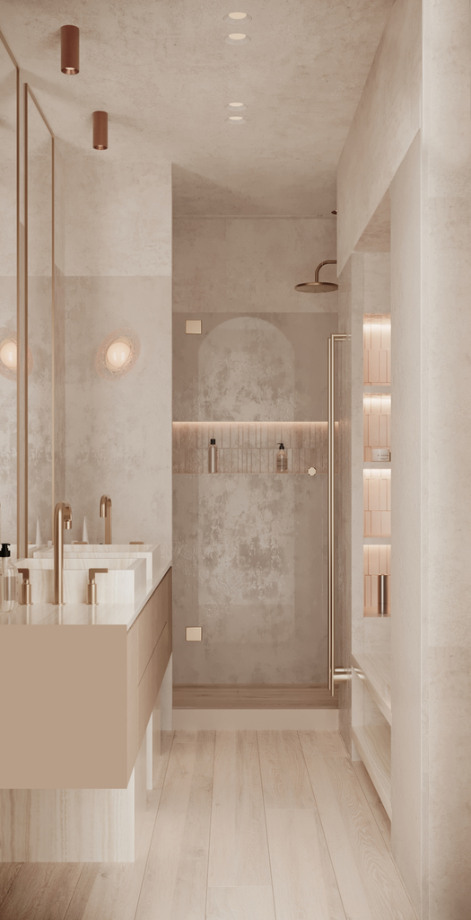 Salle de bain avec douche, lavabo double, étagères en verre, éclairage doux, décoration minimaliste en tons neutres.