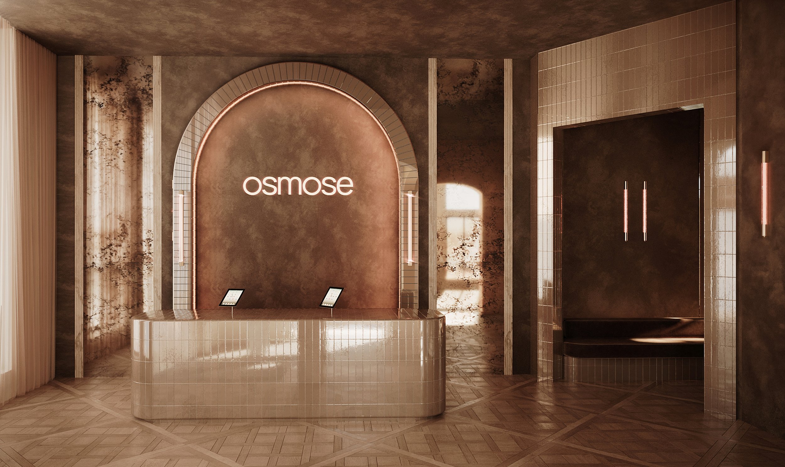 Un hall élégamment conçu avec un mur en marbre rose et un panneau lumineux affichant le nom 'Osmose'.