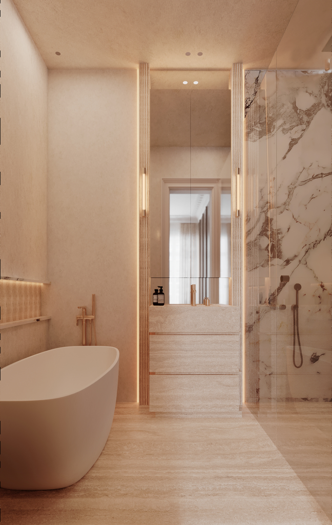 Une salle de bain moderne avec une baignoire autoportante blanche, un miroir, un lavabo et une douche en verre avec des marbres.