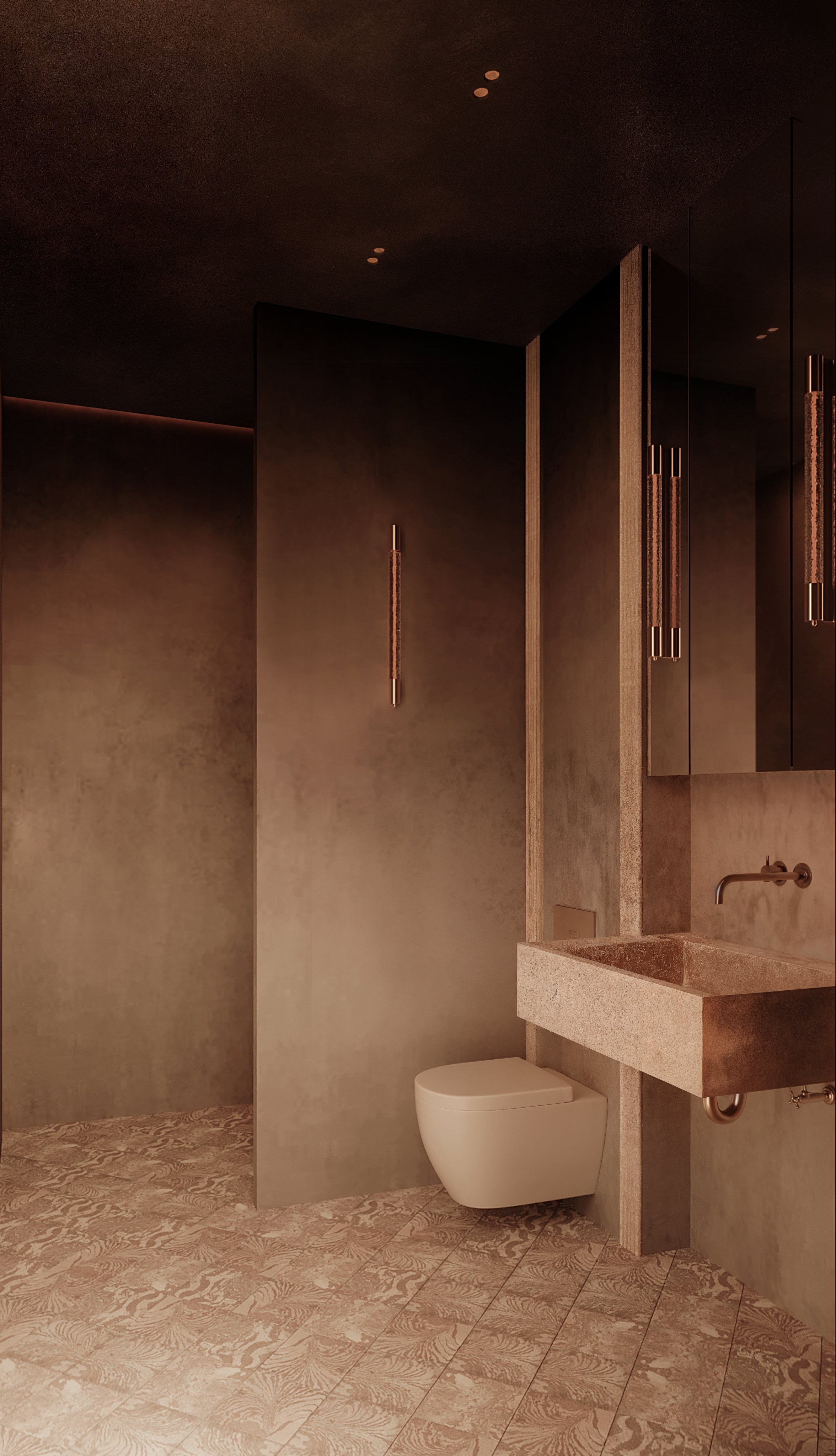 Intérieur d'une salle de bain moderne avec des murs en béton, un lavabo en pierre, un miroir avec une lumière tamisée, et des éléments décoratifs en métal cuivre.