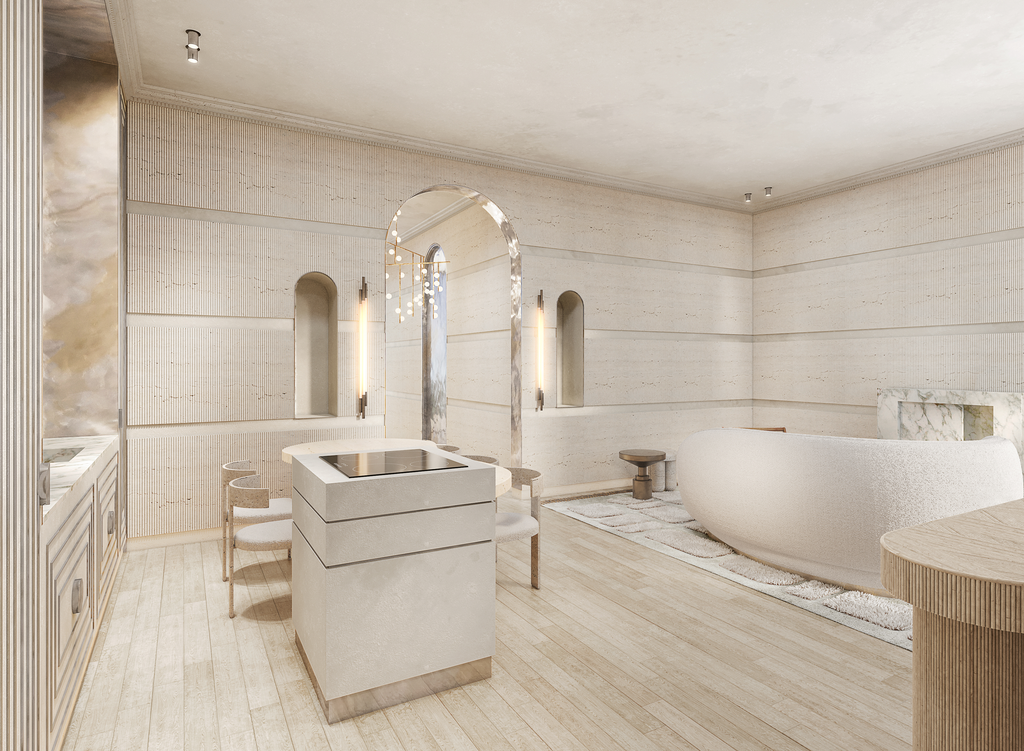 Intérieur minimaliste avec décoration beige et blanche, comprenant un bain, un comptoir, une table et des sièges en bois."
