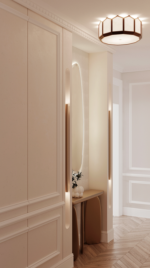 Intérieur moderne avec un plafond blanc, un éclairage suspendu géométrique, un miroir ancien encadré de lumière, et un petit meuble avec une plante décorative.