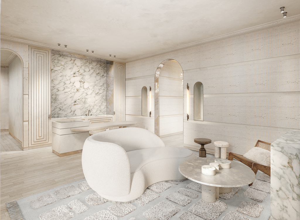 Un intérieur moderne avec des murs blancs, un salon avec un canapé beige, une table en marbre ronde avec des objets décoratifs, et une cuisine en marbre en arrière-plan.