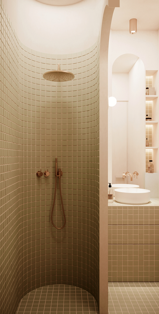 Salle de bain moderne avec douche à l'italienne en tuiles crème, lavabo rond, miroir, étagères avec produits de beauté, et éclairage doux.
