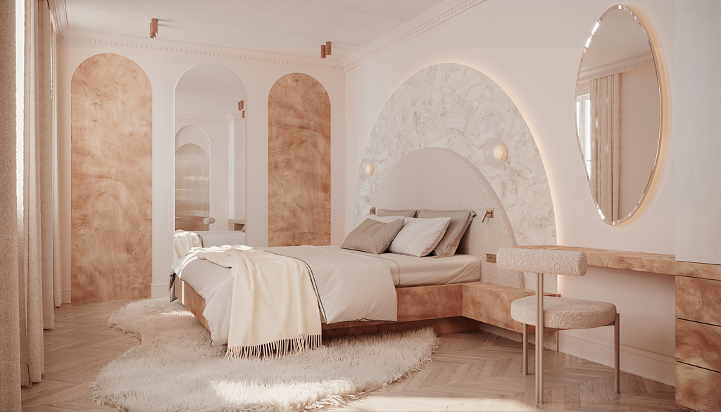 Chambre moderne avec lit king-size, tapis blanc, miroir rond, bureau en bois clair, murs neutres avec arches décoratives.