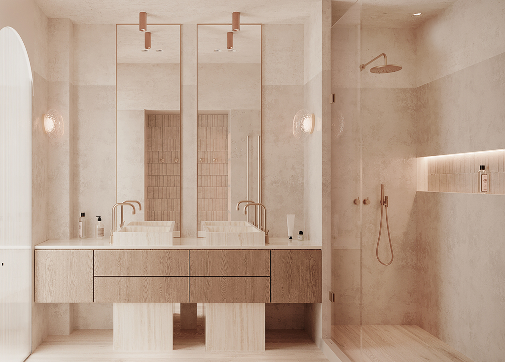 Salle de bain moderne avec double lavabo, grands miroirs, et espace douche séparé avec douche à l'italienne.