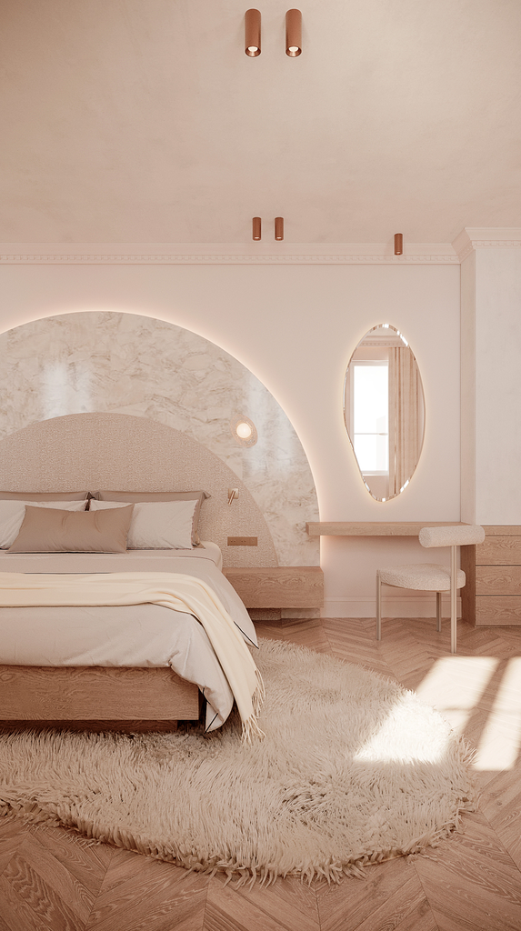 Chambre moderne avec luminaires encastrés, miroir ovale, lit avec oreillers, tapis beige, décoration neutre et élégante.