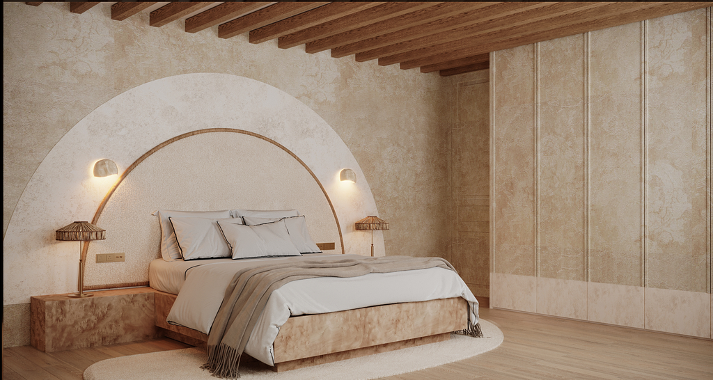 Chambre à coucher moderne avec un lit avec draps gris clair, deux lampes de chevet, une tête de lit semi-circulaire, murs beige et plafond en bois avec poutres apparentes.