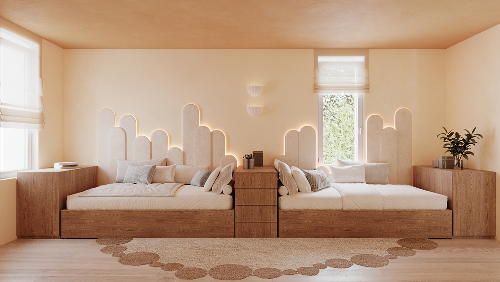 Deux lits doubles avec têtes de lit en forme de vagues, décoration moderne, fenêtres avec volets, table de chevauchement avec des livres et une plante.