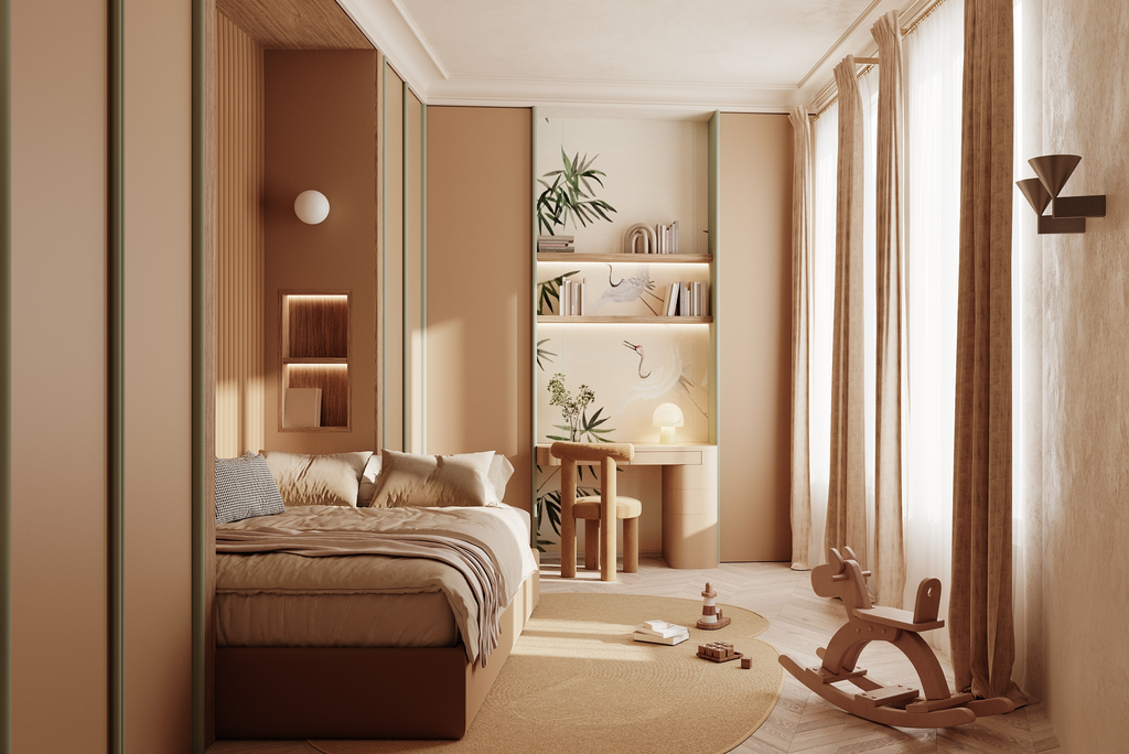 Une chambre à coucher élégante avec un lit, une étagère avec des livres, un bureau avec une chaise, une balançoire pour enfant, et des rideaux en lin beige.