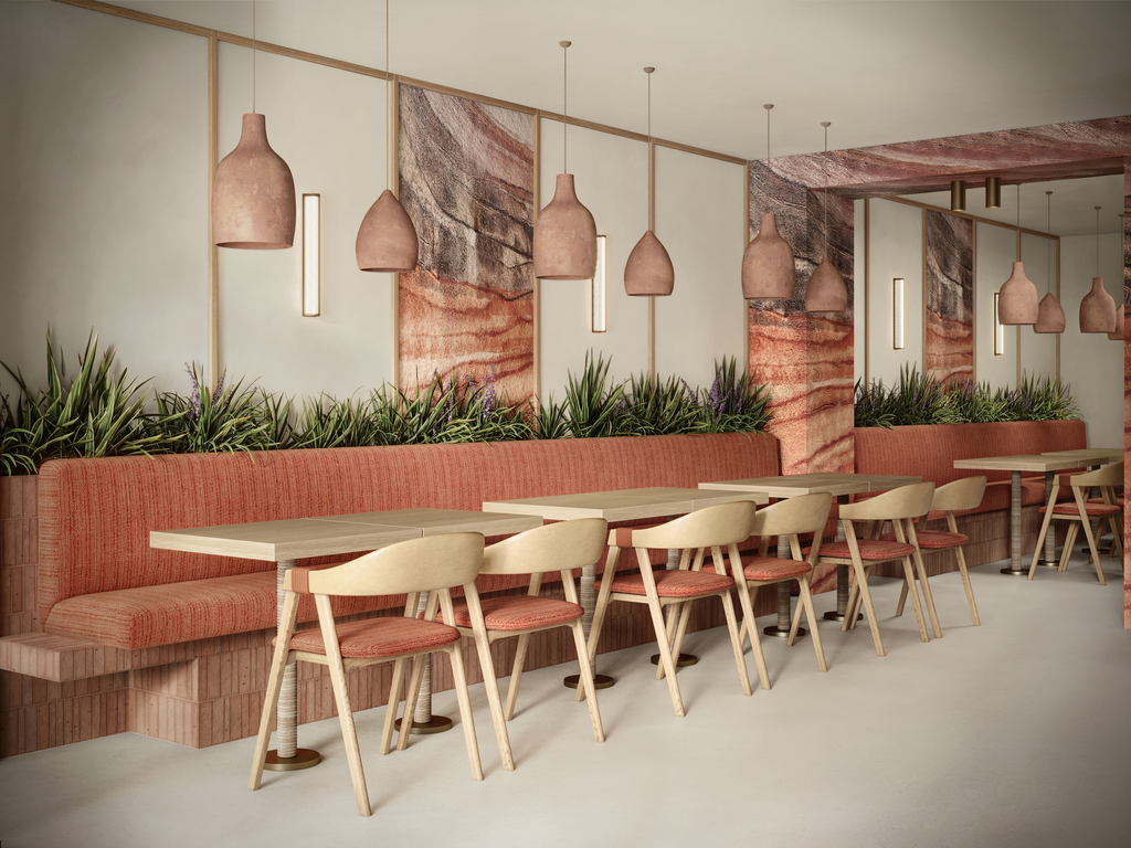 Intérieur moderne d'un restaurant ou café avec banquette en tissu orange, chaises en bois, tables en bois clair, décoration avec plantes vertes, murs en pierre avec motifs naturels et suspensions en forme de pots en terre cuite.