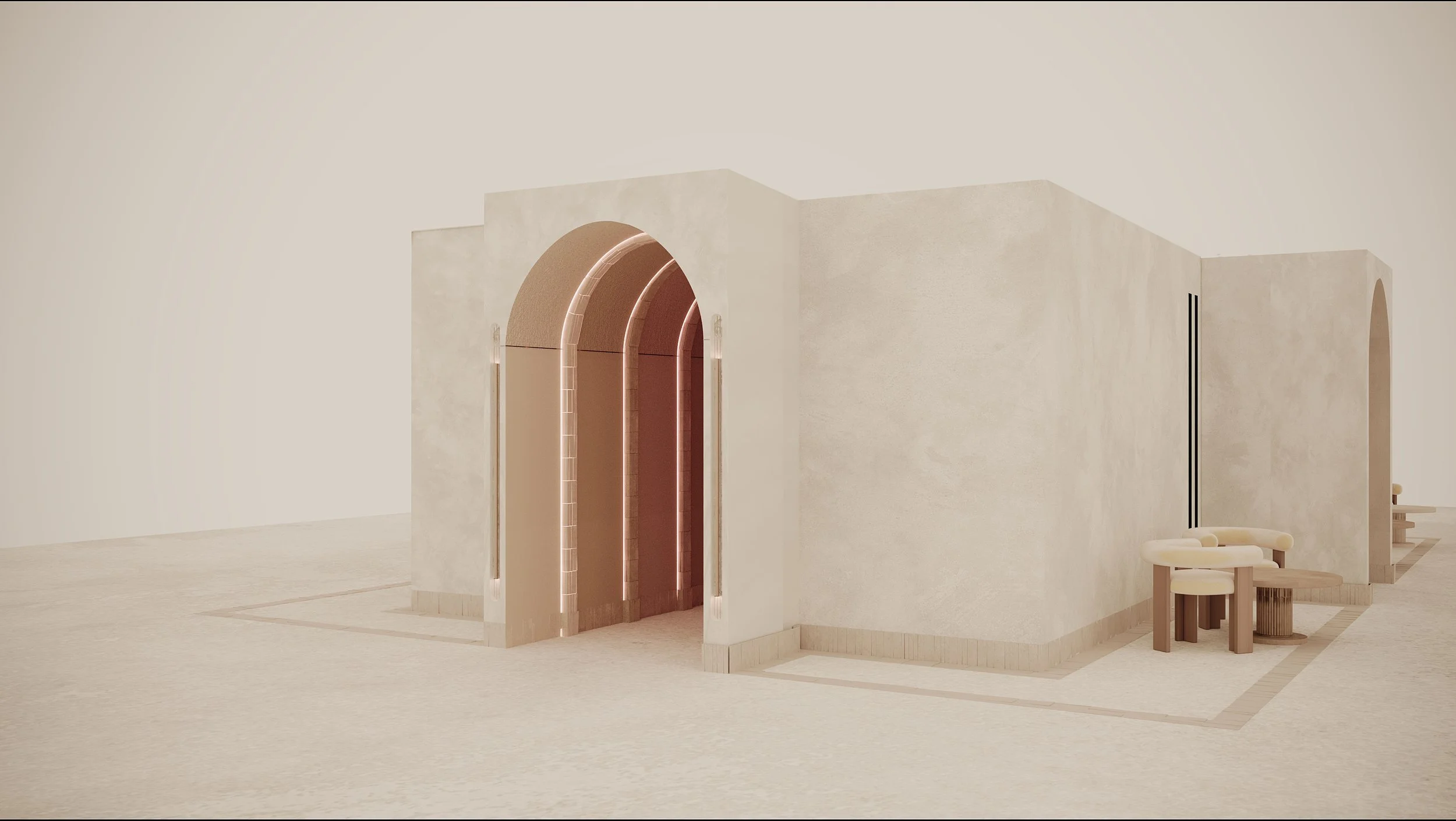 Une structure architecturale moderne en forme de cube avec des arches éclairées en intérieur, accompagnée de mobilier en bois clair et de fauteuils rembourrés dans un espace minimaliste.