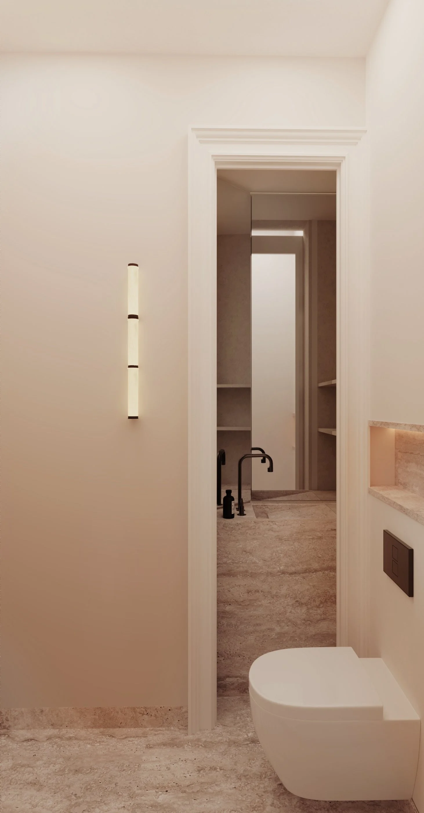 Intérieur d'une salle de bain moderne avec un lavabo suspendu blanc, un mur en tadelakt beige, et un espace douche avec des étagères intégrées.