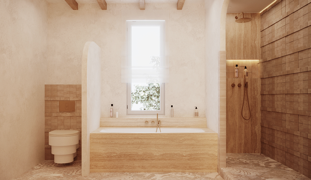 Salle de bain avec baignoire en marbre, douche à l'italienne et toilettes dans un design épuré et lumineux.