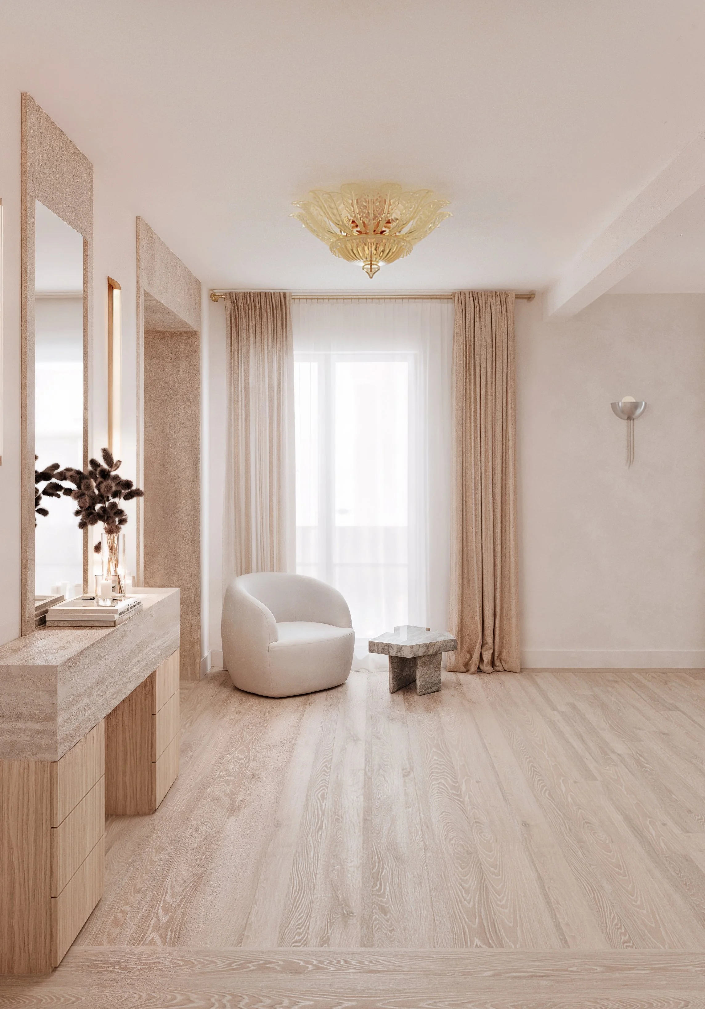 Salon lumineux avec un fauteuil blanc, un petit table en marbre, rideaux beiges et une lumière moderne. Plantes en vase et décoration minimaliste.