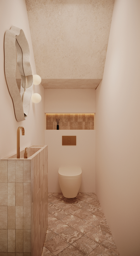 Toilettes modernes dans un petit espace, avec un miroir mural incurvé, un petit lavabo en pierre, et un décor minimaliste en beige et blanc.